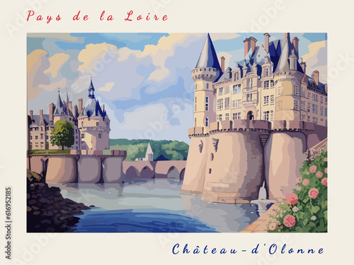 Château-d’Olonne: Postcard design with a scene in France and the city name Château-d’Olonne