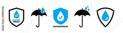 Waterproof icons. Water Proof sign collection. Water resistant symbol. Water protection icon with shield. Used for package. Vector illustration.