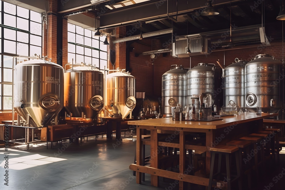 An inside view of a craft beer brewery showing the stainless steel tanks, pipes, and a stack of wooden barrels used in the beer-making process. An inside view of a craft beer brewery showing the stainless steel tanks, pipes, and a stack of wooden barrels used in the beer-making process.