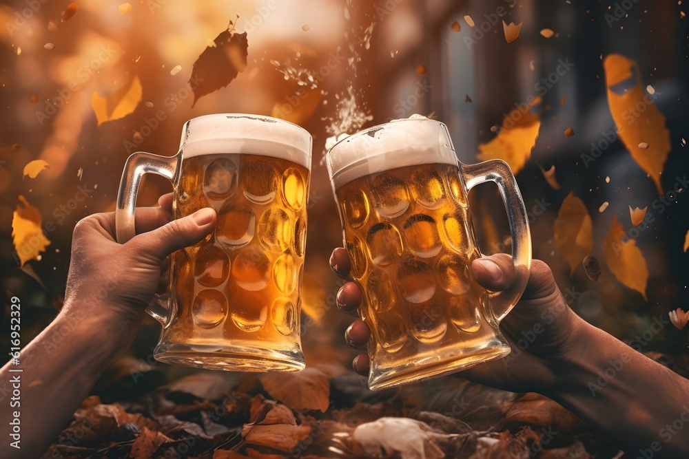 Picture of hands toasting with beer mugs in a traditional beer garden. - obrazy, fototapety, plakaty 