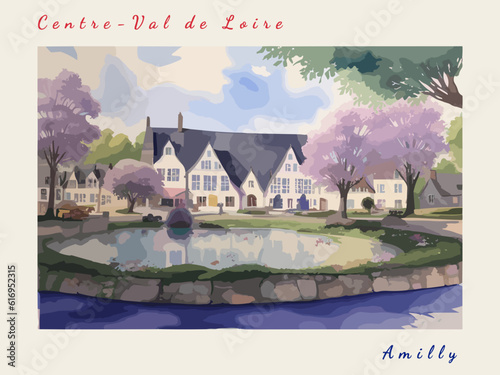 Amilly: Postcard design with a scene in France and the city name Amilly