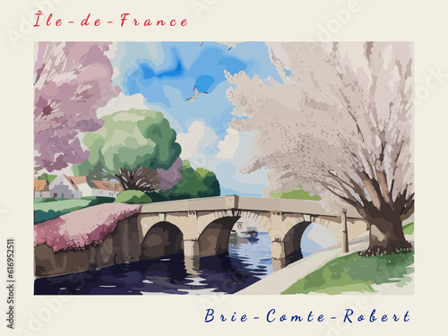 Brie-Comte-Robert: Postcard design with a scene in France and the city name Brie-Comte-Robert