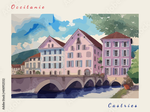 Castries: Postcard design with a scene in France and the city name Castries