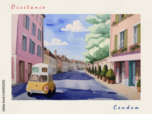 Condom: Postcard design with a scene in France and the city name Condom