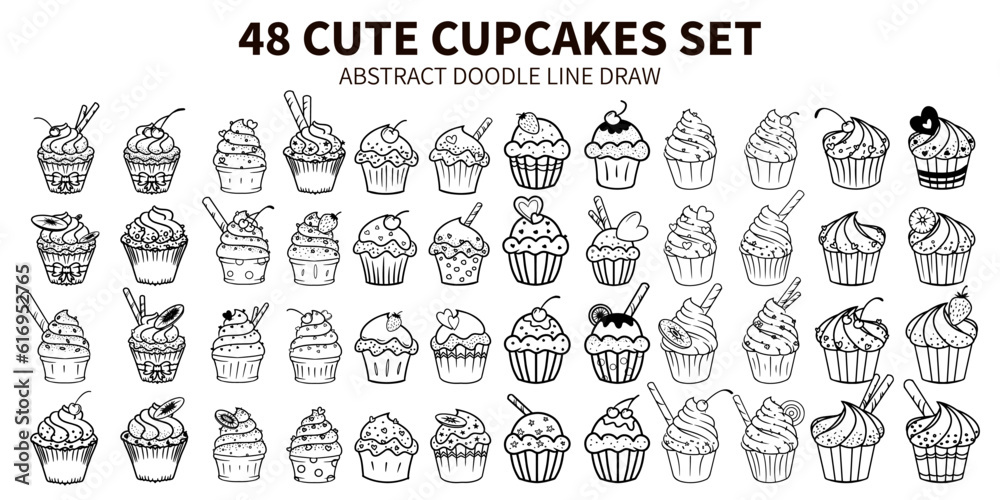 48 CUTE CUPCAKES SET. ABSTRACT DOODLE LINE DRAW