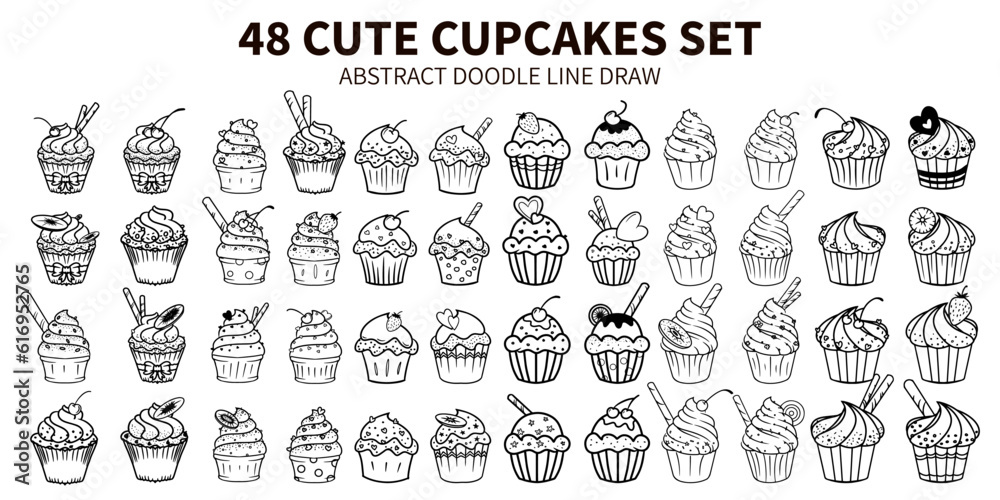 48 CUTE CUPCAKES SET. ABSTRACT DOODLE LINE DRAW 48 CUTE CUPCAKES SET. ABSTRACT DOODLE LINE DRAW