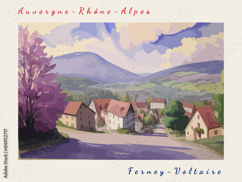 Ferney-Voltaire: Postcard design with a scene in France and the city name Ferney-Voltaire