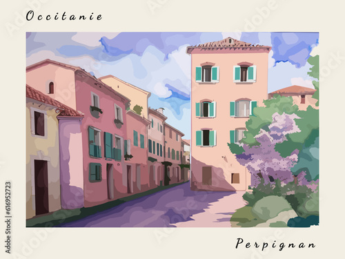 Perpignan: Postcard design with a scene in France and the city name Perpignan