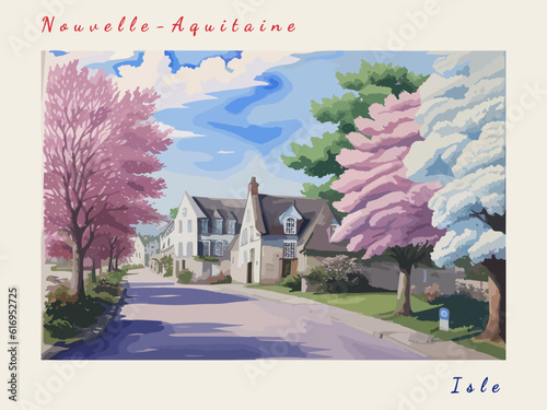 Isle: Postcard design with a scene in France and the city name Isle