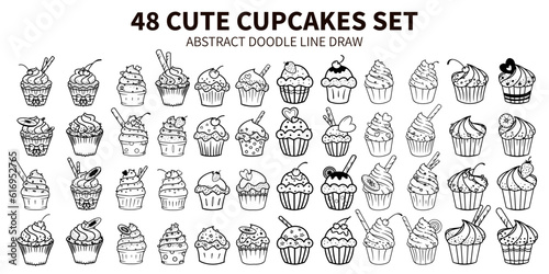 48 CUTE CUPCAKES SET. ABSTRACT DOODLE LINE DRAW