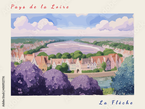 La Flèche: Postcard design with a scene in France and the city name La Flèche