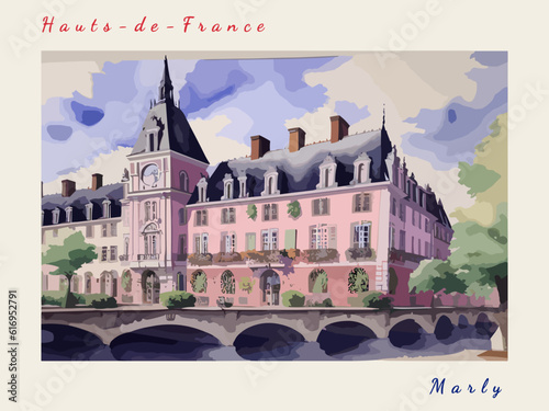 Marly: Postcard design with a scene in France and the city name Marly