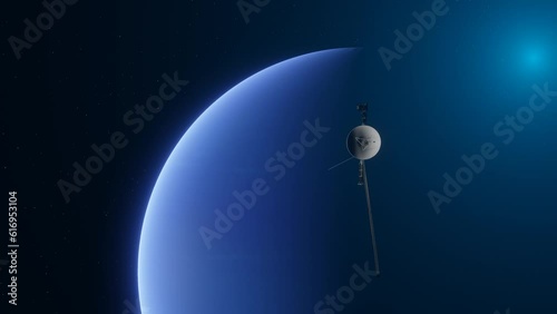 3D animation showing the Voyager spacecraft flying towards Neptune. photo