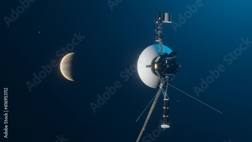 3D animation showing the Voyager space probe leaving Jupiter. photo