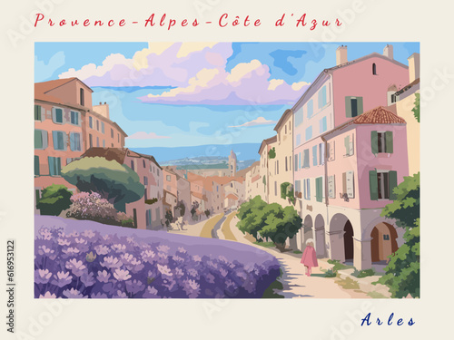 Arles: Postcard design with a scene in France and the city name Arles