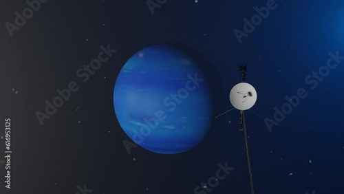 3D animation showing the Voyager space probe aproaching planet Neptune. photo