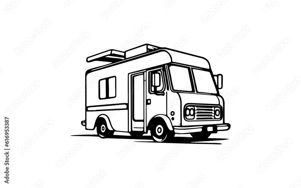 food truck doodle line art illustration with black and white style for template.
