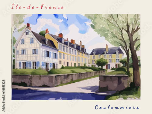 Принти на полотні Coulommiers: Postcard design with a scene in France and the city name Coulommier