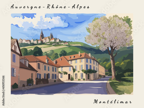 Montélimar: Postcard design with a scene in France and the city name Montélimar