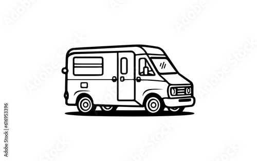 VAn car doodle line art illustration with black and white style for template.