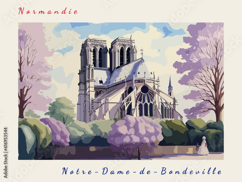 Notre-Dame-de-Bondeville: Postcard design with a scene in France and the city name Notre-Dame-de-Bondeville