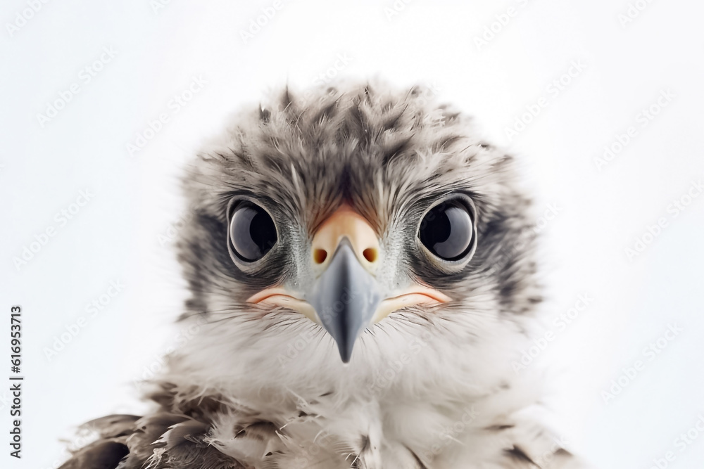Fototapeta premium A baby falcon, illuminated by studio light, captivates on a pristine white background. Generative AI.
