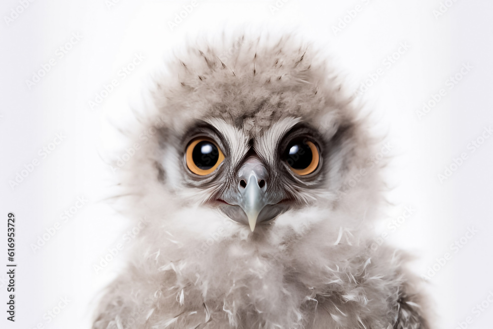 A baby falcon, illuminated by studio light, captivates on a pristine white background. Generative AI. A baby falcon, illuminated by studio light, captivates on a pristine white background. Generative AI.