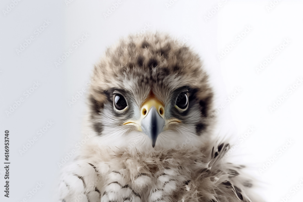 Obraz premium A baby falcon, illuminated by studio light, captivates on a pristine white background. Generative AI.