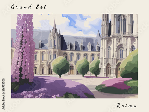 Reims: Postcard design with a scene in France and the city name Reims