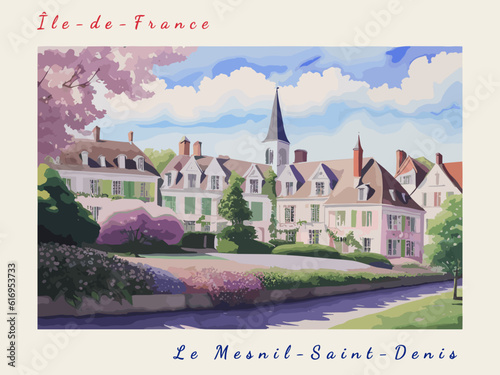 Le Mesnil-Saint-Denis: Postcard design with a scene in France and the city name Le Mesnil-Saint-Denis