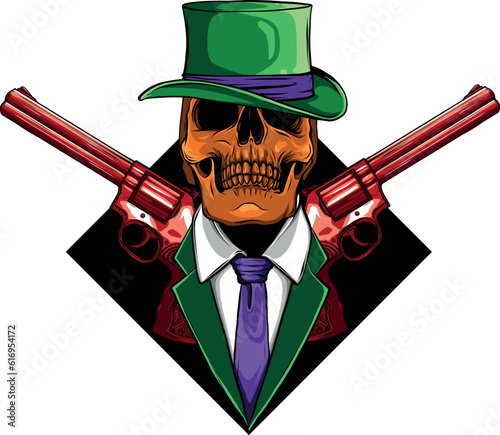 Skeleton gangster with revolvers in suit. Vector illustration