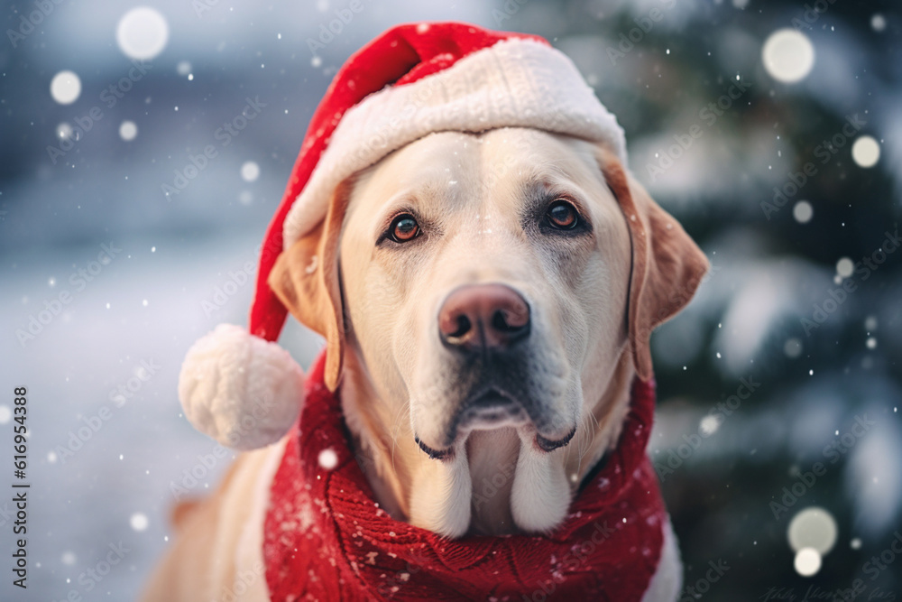 Cheerful  Labrador in santa hat  against winter snow background outdoor. Merry Christmas and Happy New Year. Generative AI