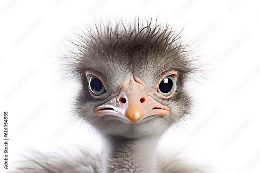 Against a clean white background, a baby ostrich basks in the soft studio light, creating an enchanting and adorable image. Generative AI.