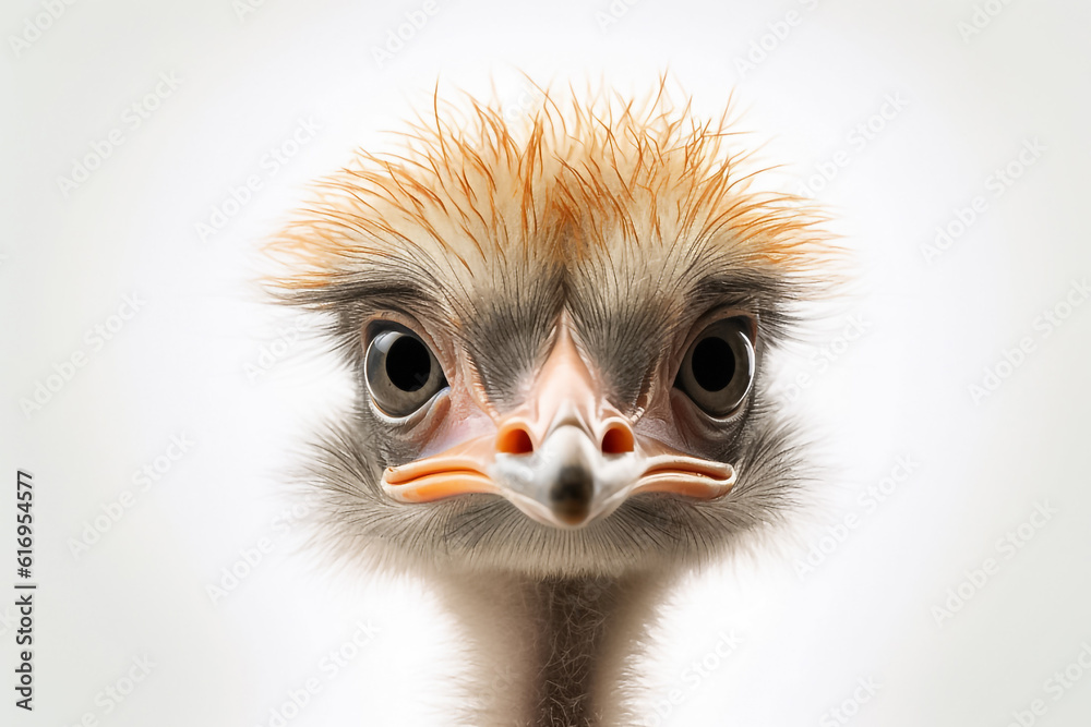 Against a clean white background, a baby ostrich basks in the soft studio light, creating an enchanting and adorable image. Generative AI.