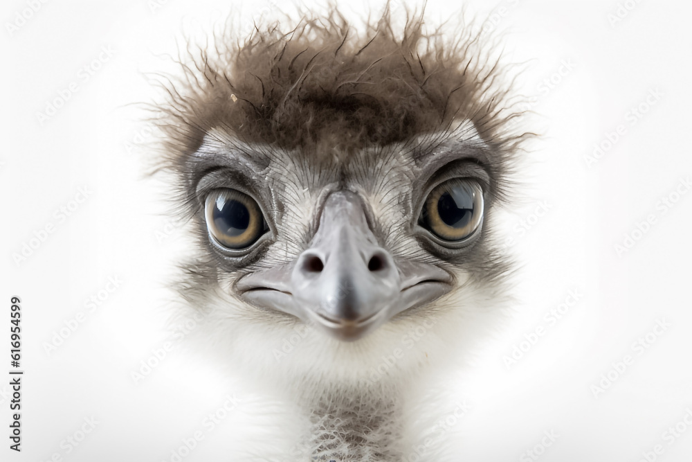 Against a clean white background, a baby ostrich basks in the soft studio light, creating an enchanting and adorable image. Generative AI.