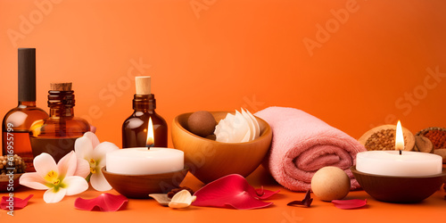 Beautiful spa composition on orange background. Natural skincare cosmetic products. AI generated