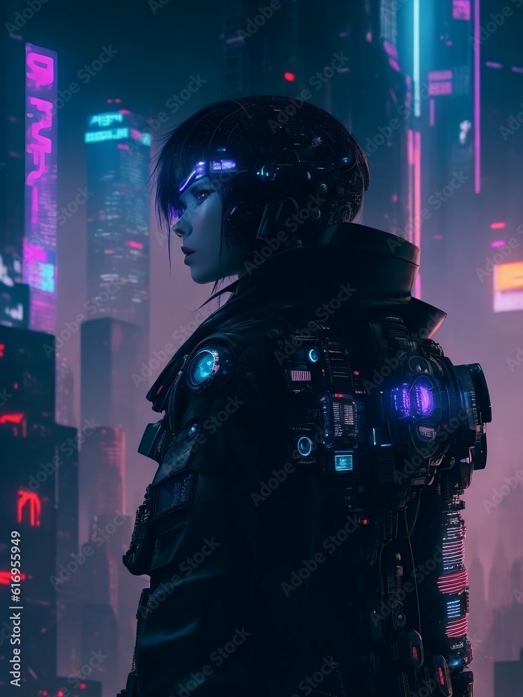 Portrait of a futuristic female cyborg in the dark with neon lights