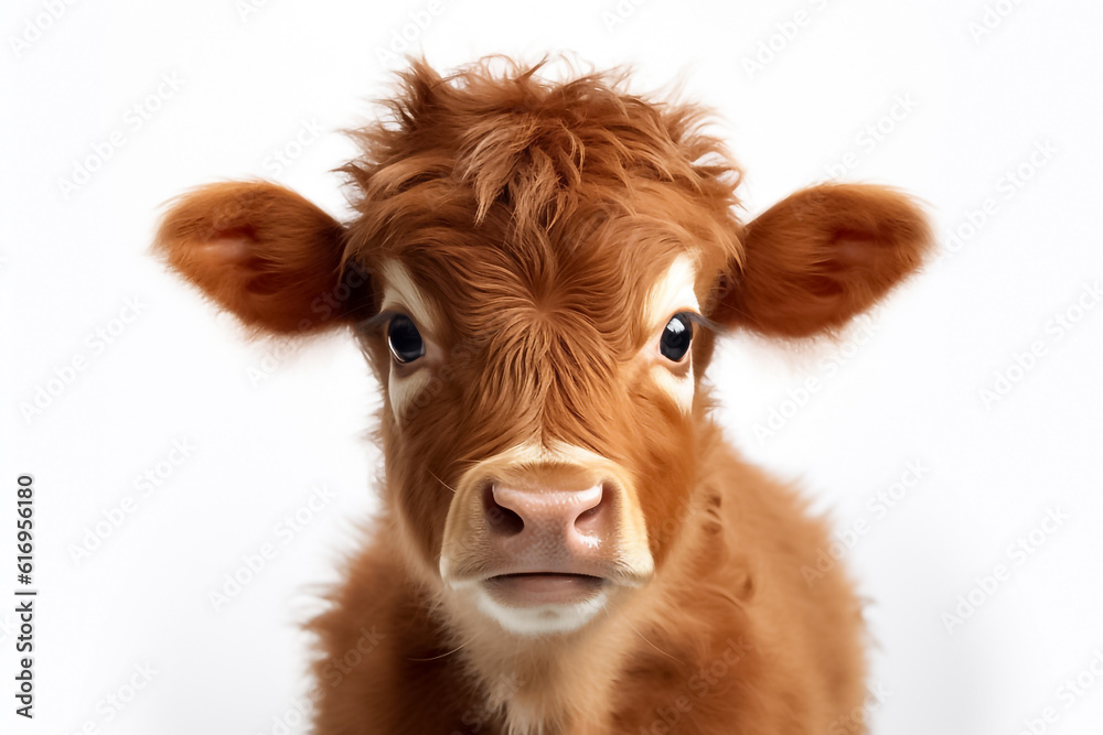 In a studio setting, a baby cow's irresistible cuteness comes to life on a clean white backdrop. Generative AI.