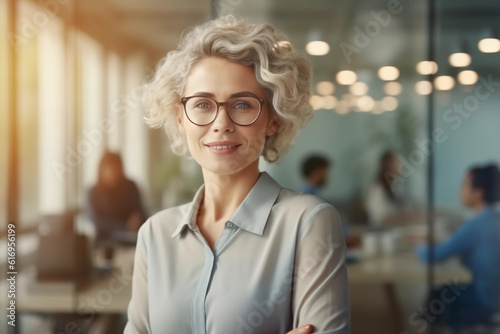 A confident, businesslike, beautiful woman in glasses, who is in the office, looks at the camera, smiles. Women's business portrait.
