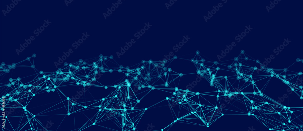 Abstract digital background of points and lines. Glowing blue plexus. Big data. Network or connection. Abstract technology science background. 3d vector illustration.