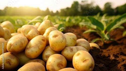 Freshly picked potatoes on farmer field, healthy organic produce.