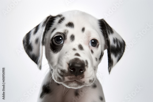 In a world of simplicity, a baby dalmatian dog takes center stage on a white background, bathed in the glow of studio light. Generative AI. © Surachetsh