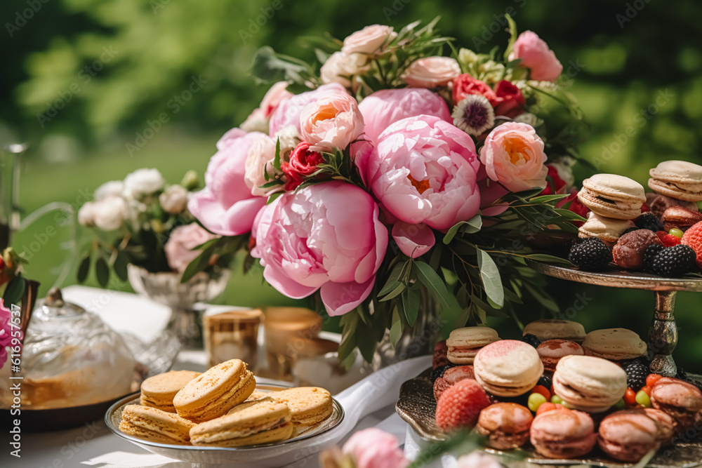Dessert buffet with peony flowers, catering for wedding, party and holiday celebration, cakes and desserts in a countryside garden, generative ai Dessert buffet with peony flowers, catering for wedding, party and holiday celebration, cakes and desserts in a countryside garden, generative ai