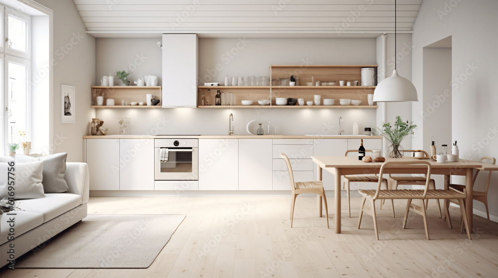 Scandinavian Indoor Design: Inspiring Real-Estate Rooms, Nature-Inspired new modern loft apartment. 3d rendering
Generative AI