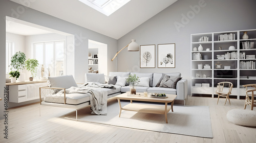 Scandinavian Indoor Design: Inspiring Real-Estate Rooms, Nature-Inspired new modern loft apartment. 3d rendering Generative AI © Nico Vincentini