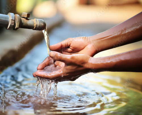 Drinking water supply, hands catch water at wells - Right to water issue, drought, aridity and climate change - Generative AI.