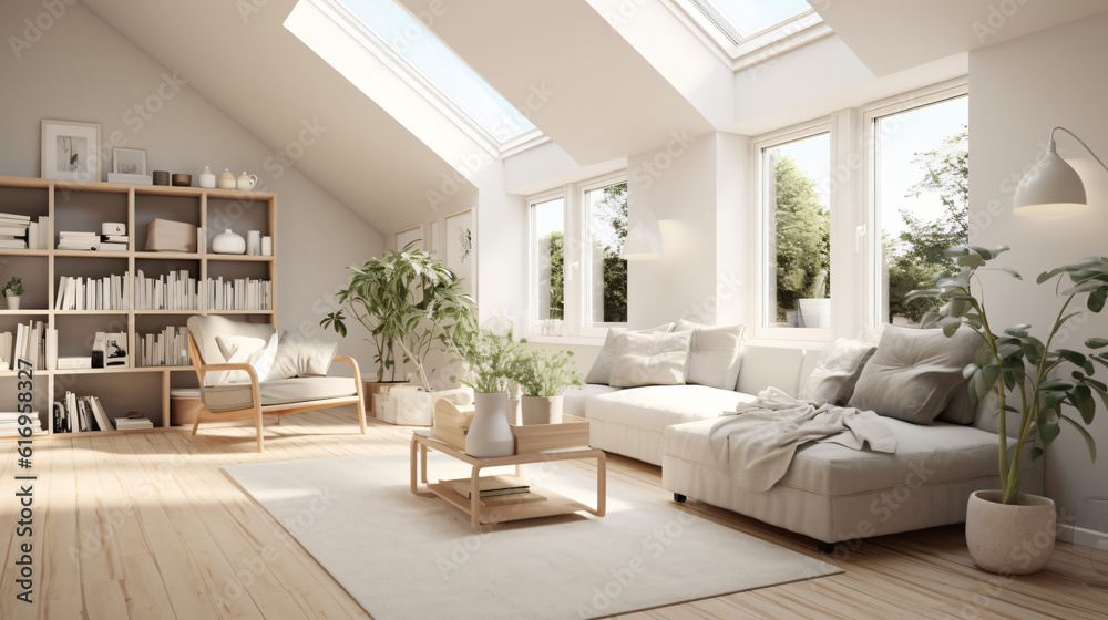 Fototapeta premium Scandinavian Indoor Design: Inspiring Real-Estate Rooms, Nature-Inspired new modern loft apartment. 3d rendering Generative AI
