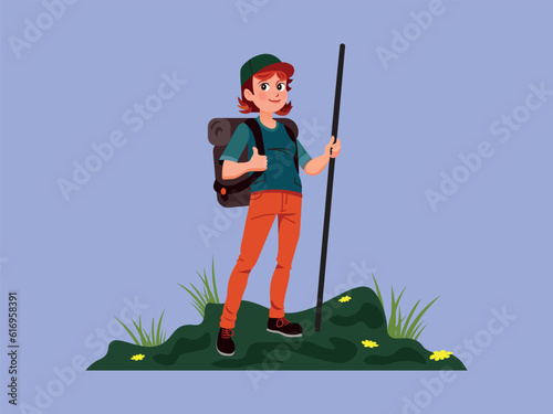 Flat female character of a hiker, vector illustration