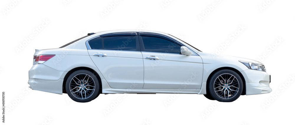 Luxurious white sedan sportcar isolated on white background with clipping path.