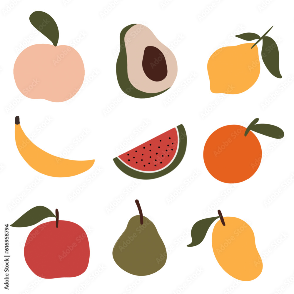 For posters, decorations. Abstract fruit shapes art print elements. Minimalistic orange, avocado, apple, peach, watermelon, banana, mango, pear and lemon vector illustration. For posters, decorations. Abstract fruit shapes art print elements. Minimalistic orange, avocado, apple, peach, watermelon, banana, mango, pear and lemon vector illustration.